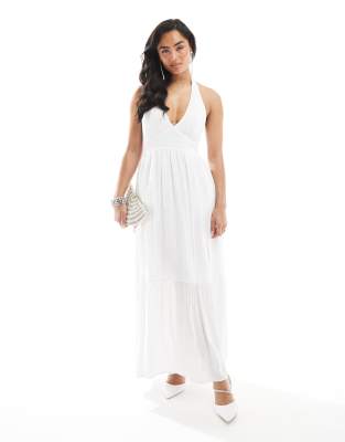 Hollister - Neckholder-Maxikleid in Weiß mit Schlitz