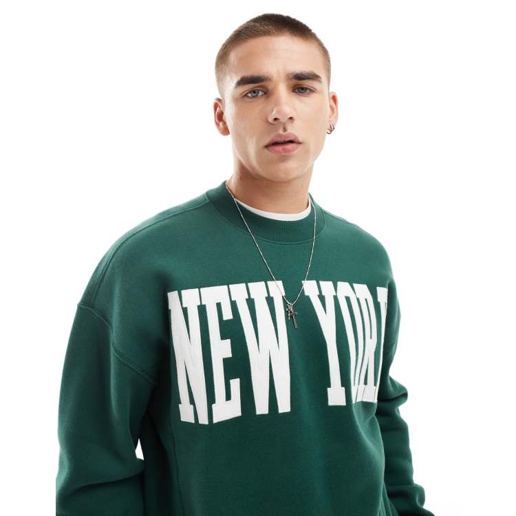 Hollister New York varsity vintage relaxed fit sweatshirt in dark green ASOS