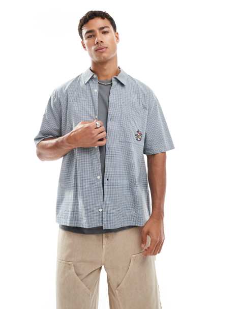 Hollister embroidered short sleeve shirt in blue gingham