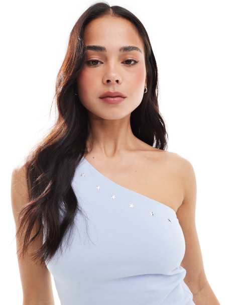 Hollister diamante motif one shoulder top in blue