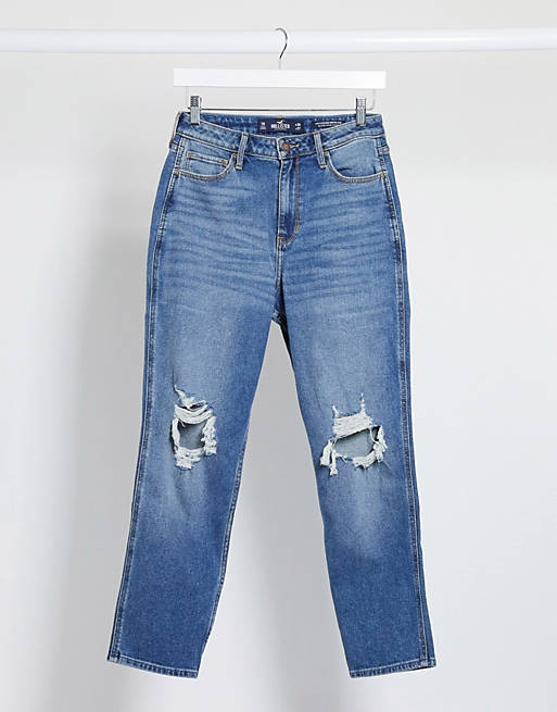 Hollister – Niebieskie mom jeans z rozdarciami