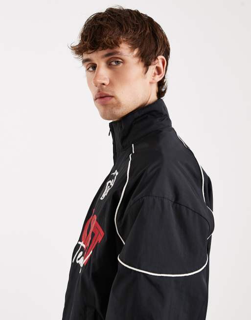 Hollister nylon racing graphic jacket in black | ASOS