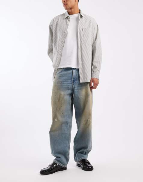 Hollister baggy skater jean in grease stain mid blue wash