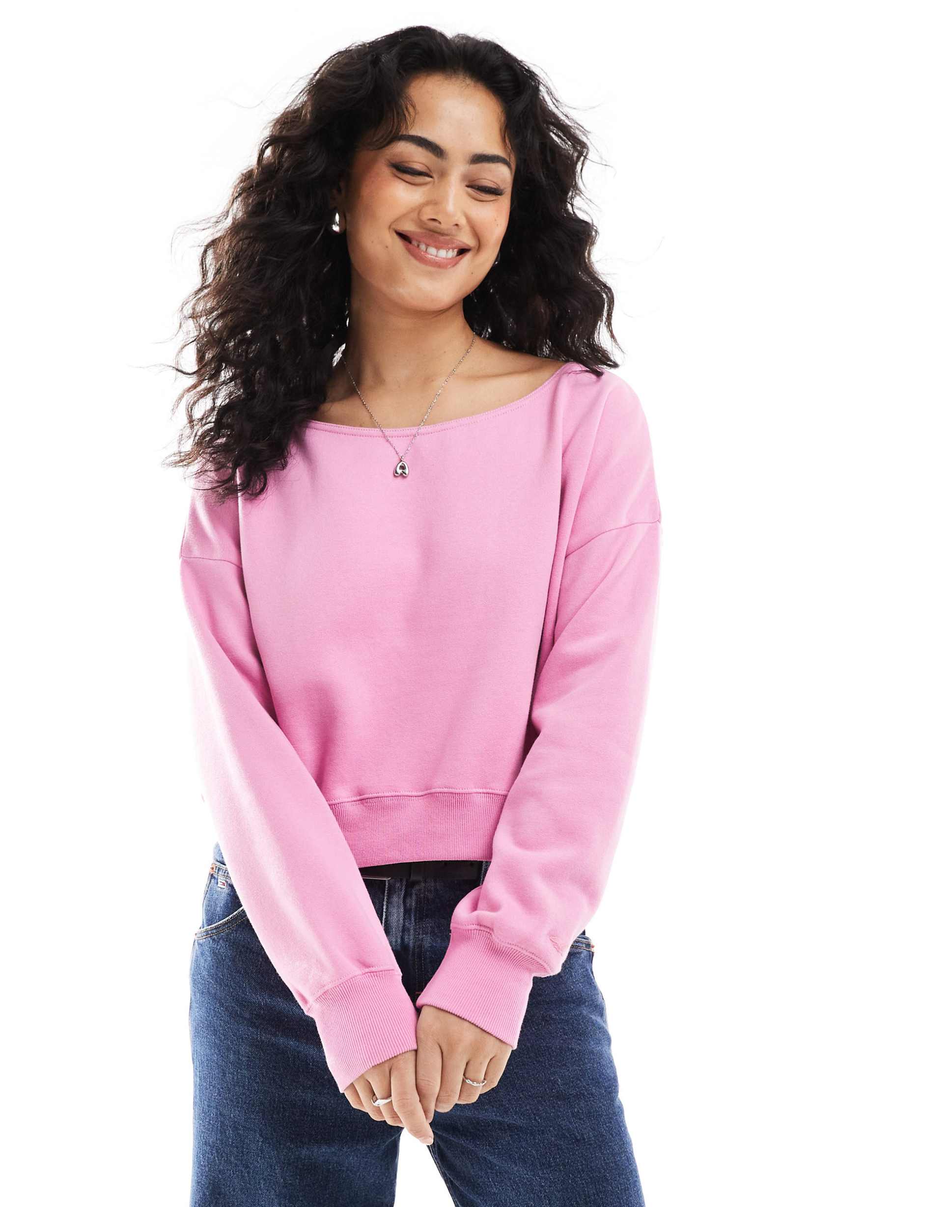 hollister off shoulder boyfriend sweat top in pink