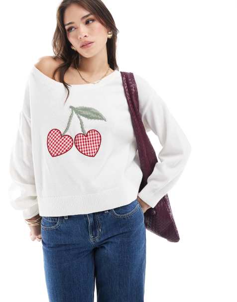 Hollister off shoulder cherry motif jumper in white - view 1