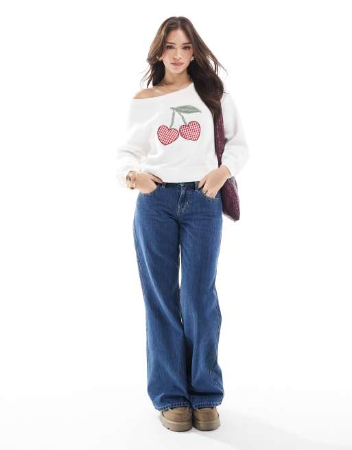 Hollister off shoulder cherry motif jumper in white ASOS