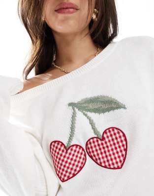 Hollister Off Shoulder Cherry Motif Sweater In White