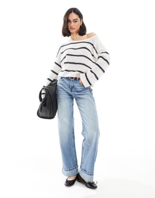 Hollister off shoulder crochet cropped jumper in navy stripe, 2 of 4