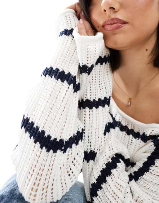Hollister off shoulder crochet cropped jumper in navy stripe, 3 of 4