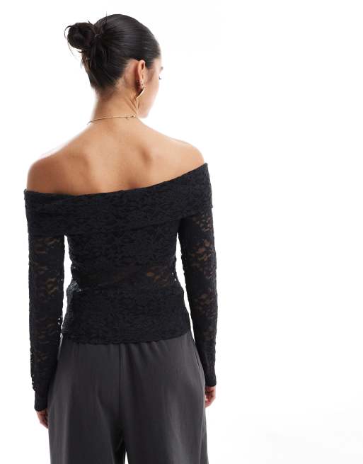 Hollister off shoulder long sleeve allover lace top in black
