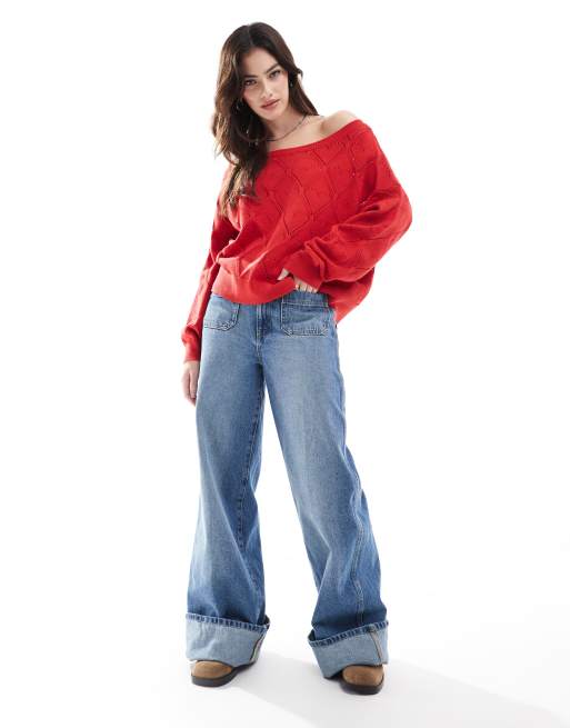 Hollister off shoulder strawberry motif jumper in red ASOS