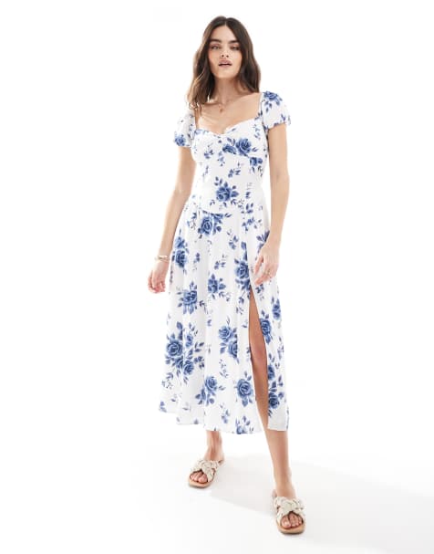 Hollister off shoulder sweetheart midaxi dress with high thigh split in blue florals - view 1