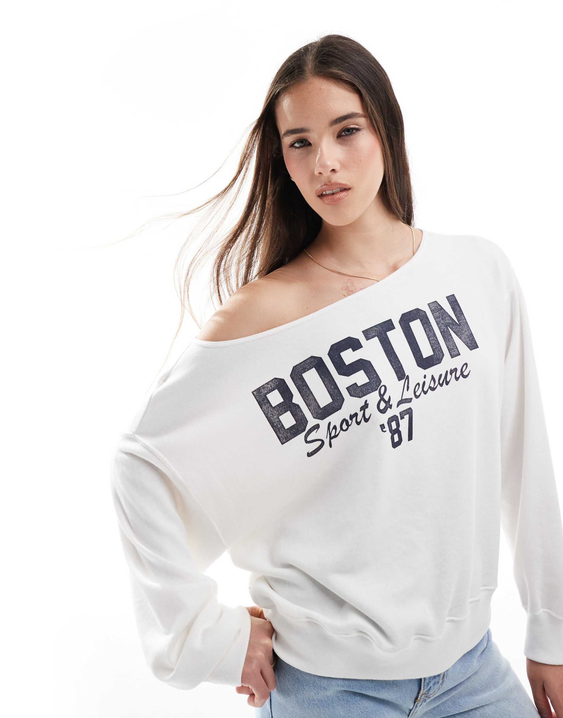 hollister off the shoulder boston graphic sweatshirt in white