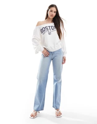 Hollister off the shoulder boston graphic sweatshirt in white