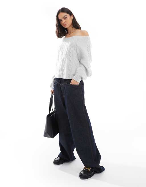 Hollister off the shoulder cable knit jumper in grey ASOS