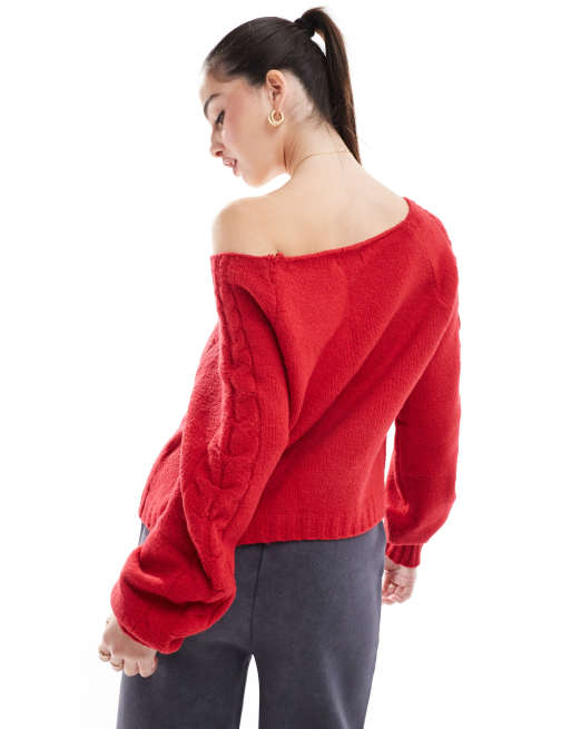 Hollister off the shoulder cable knit jumper in red ASOS