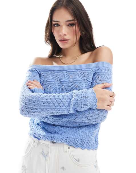 Hollister off the shoulder crochet sweater in light blue - view 1