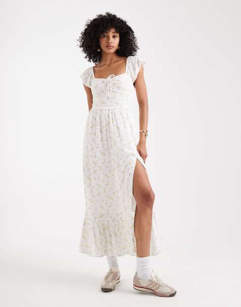 Hollister off the shoulder milkmaid slit midi dress in white floral - view 1