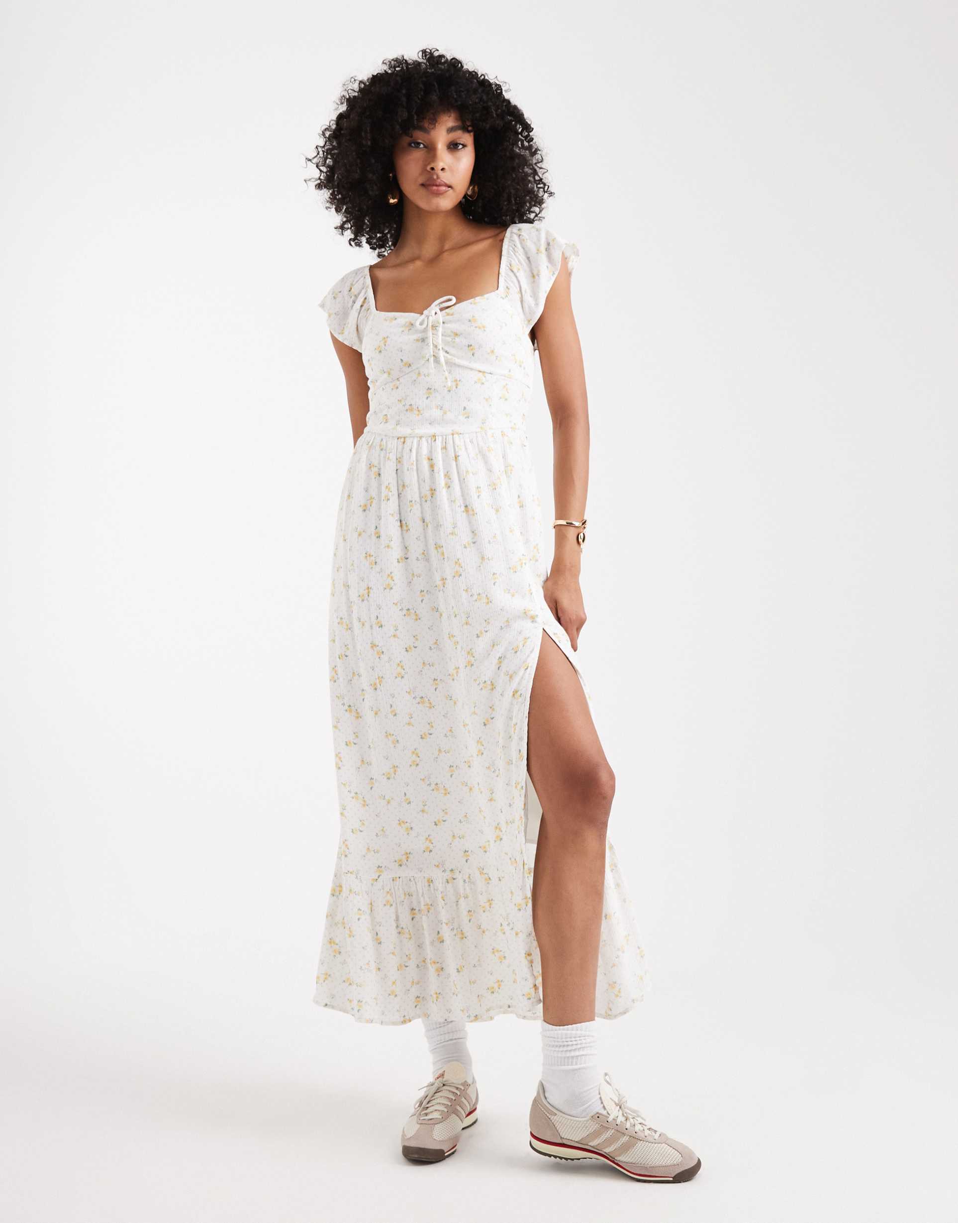 hollister off-the-shoulder milkmaid slit midi dress in white floral