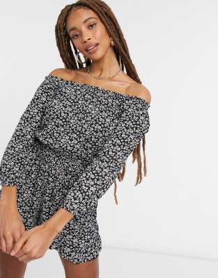 Hollister off the shoulder playsuit in black print