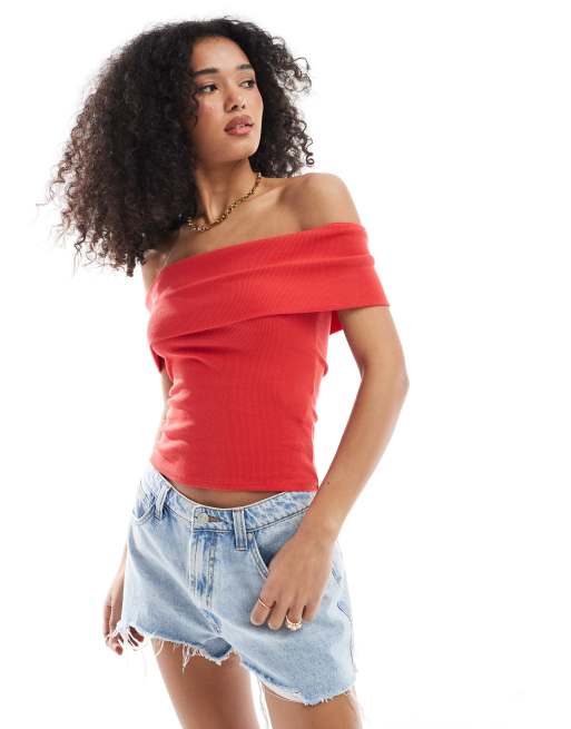 Hollister off the shoulder short sleeve top in red