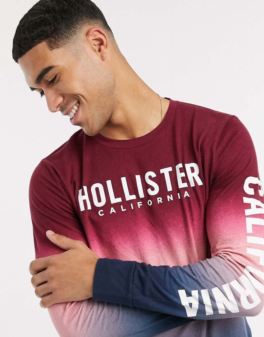 Hollister ombre chest and sleeve logo long sleeve top in burgundy-Red