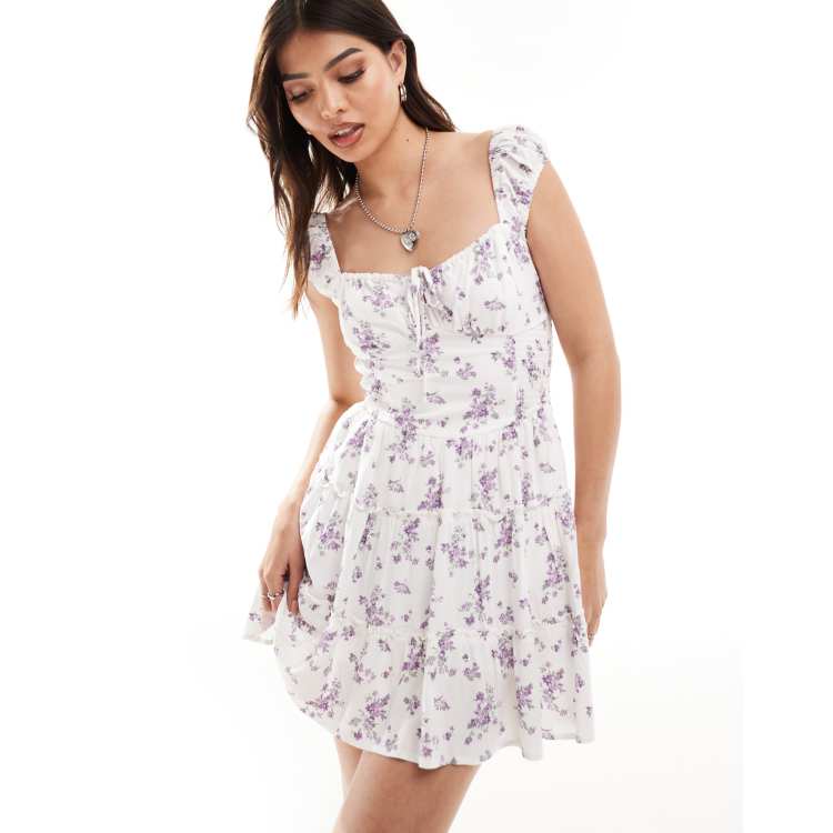 Hollister on / off the shoulder skort dress in cream floral print | ASOS
