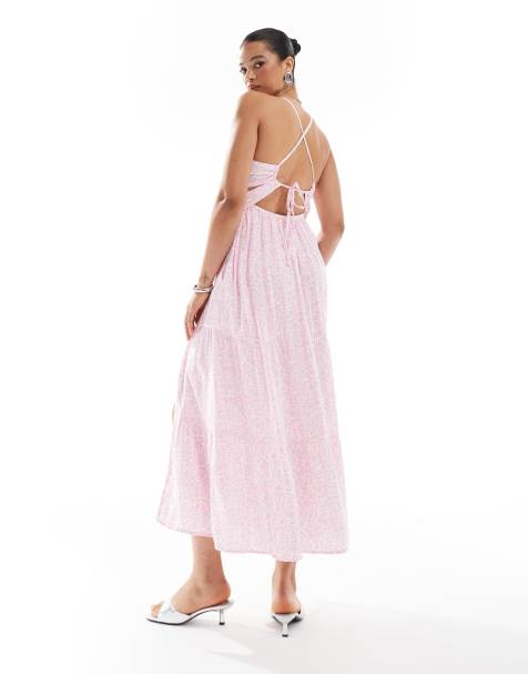 Hollister open back maxi dress with thigh split in pink ditsy print - view 1
