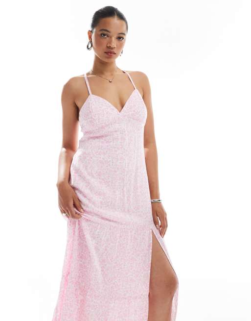 Hollister open back maxi dress with thigh split in pink ditsy