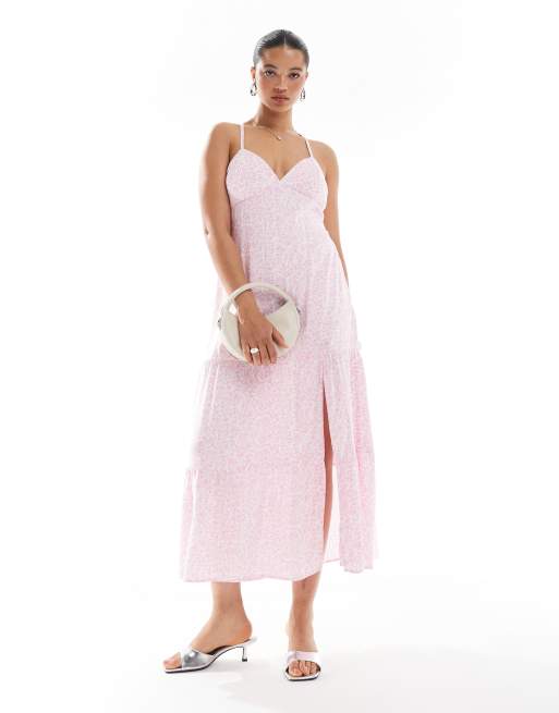 Hollister open back maxi dress with thigh split in pink ditsy print