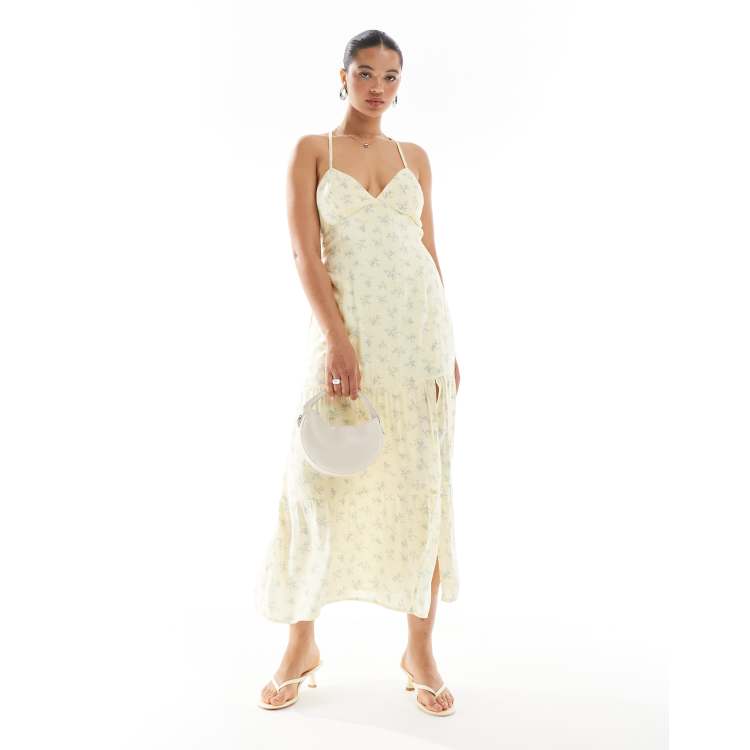 Hollister open back maxi dress with thigh split in yellow ditsy floral  print | ASOS