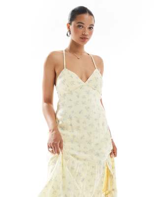 Hollister open back maxi dress with thigh split in yellow ditsy floral print