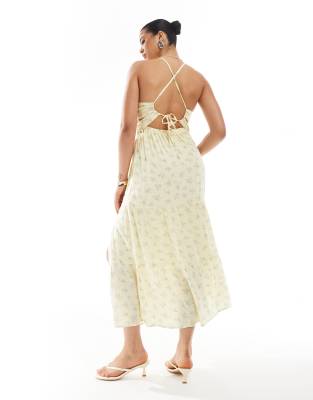 Hollister open back maxi dress with thigh split in yellow ditsy floral print