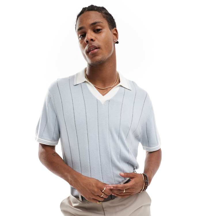 Hollister open collar tipped texture stripe knit polo in light