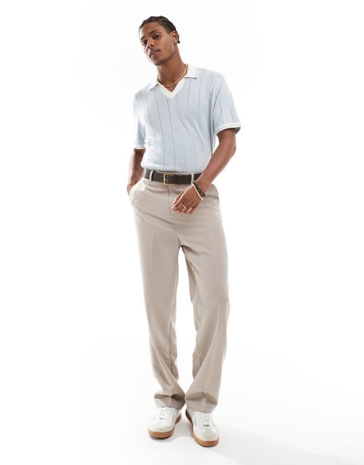Hollister open collar tipped texture stripe knit polo in light blue / cream , 2 of 4