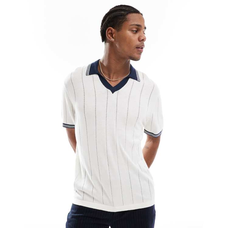 Hollister open collar tipped texture stripe knit polo in white navy ASOS