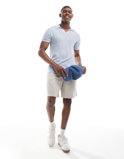 Hollister open stitch tonal pattern knit polo in light blue, 2 of 4