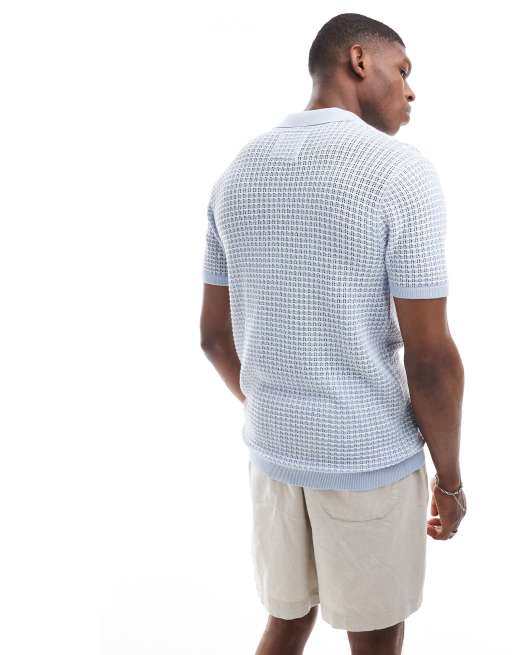Hollister open stitch tonal pattern knit polo in light blue, 3 of 4
