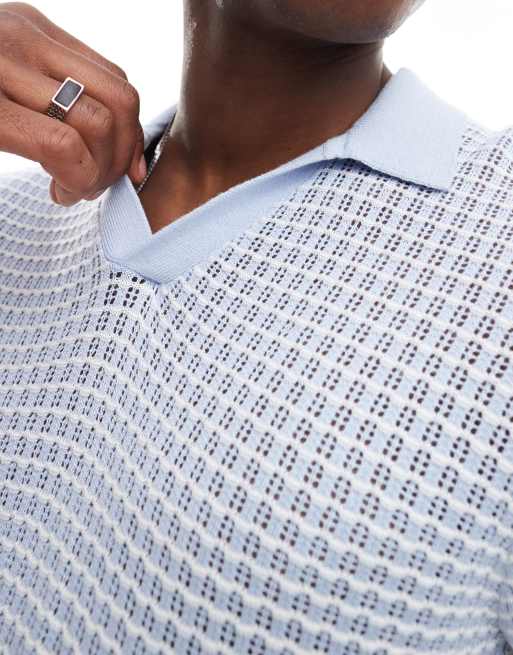 Hollister open stitch tonal pattern knit polo in light blue, 4 of 4