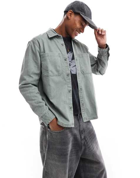 Hollister overdye washed denim overshirt in mid green - view 1