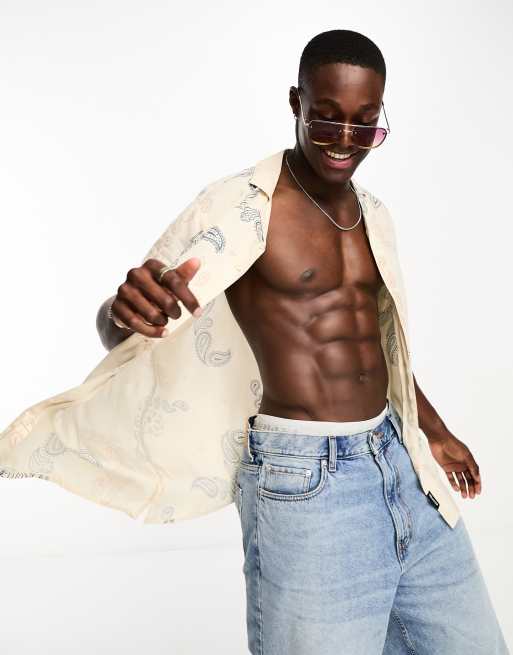 Hollister - Overhemd met korte mouwen, reverskraag en print in crème