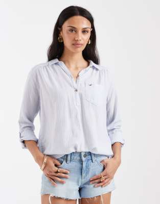 Hollister Oversized 1/4 Button Up Shirt In White