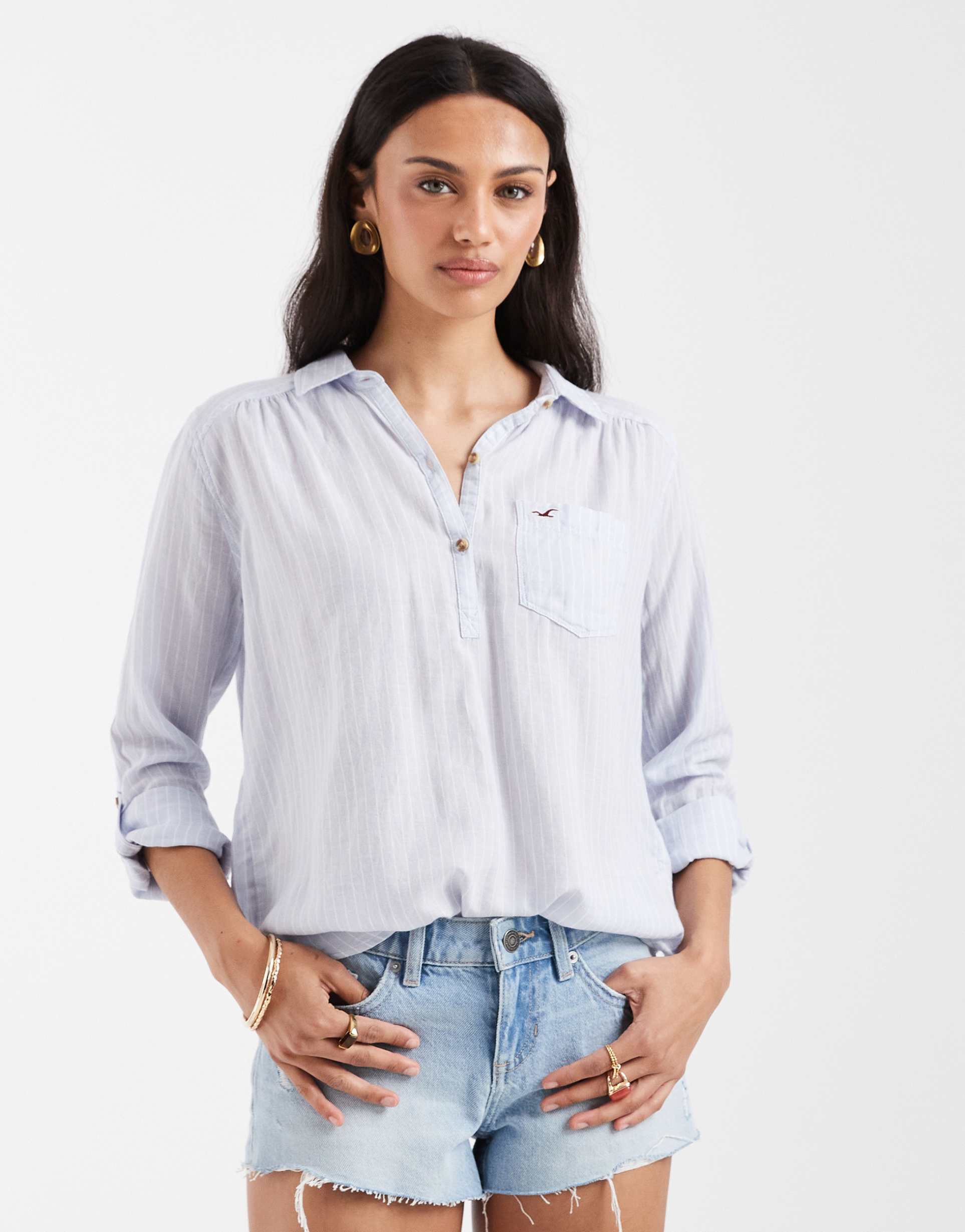 hollister oversized 1/4 button up shirt in blue stripe