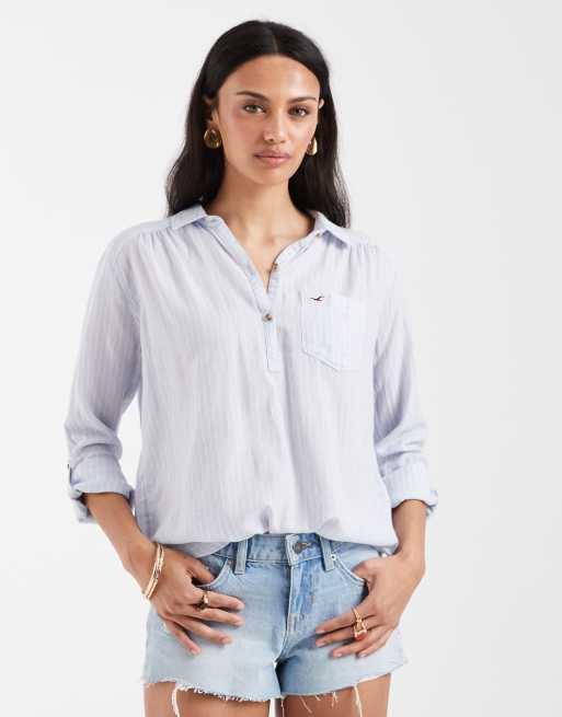 Hollister oversized 1/4 button up shirt in blue stripe