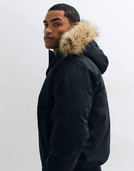 Hollister oversized bomber jacket with fur trim hood in black, 3 of 5