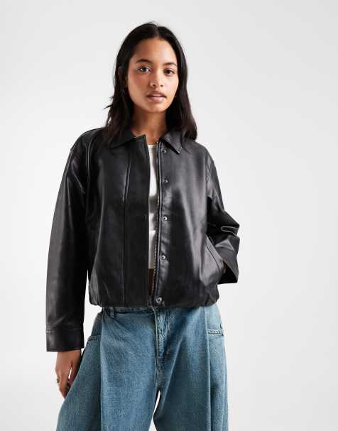 Hollister oversized bubble hem faux leather bomber in black - view 1