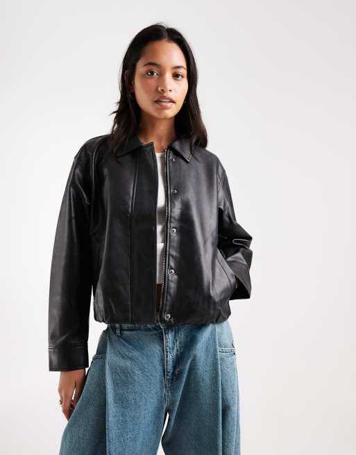Hollister oversized bubble hem faux leather bomber in black, 1 of 4