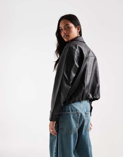 Hollister oversized bubble hem faux leather bomber in black, 3 of 4