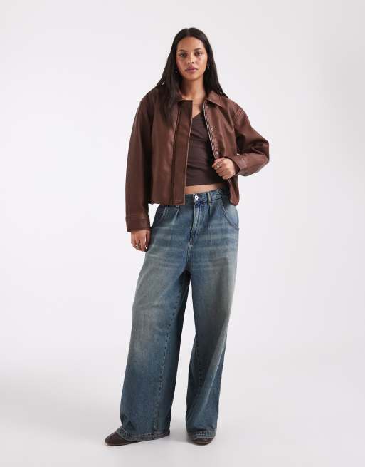 Hollister oversized bubble hem faux leather bomber in brown, 2 of 4