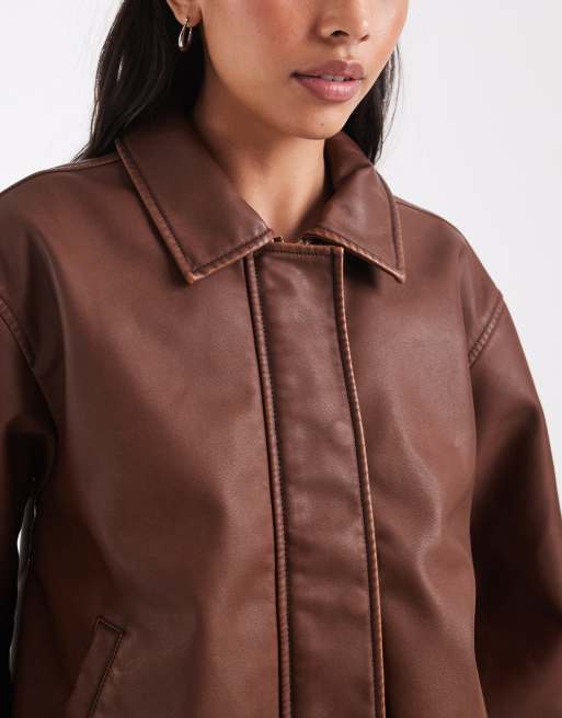 Hollister oversized bubble hem faux leather bomber in brown, 3 of 4
